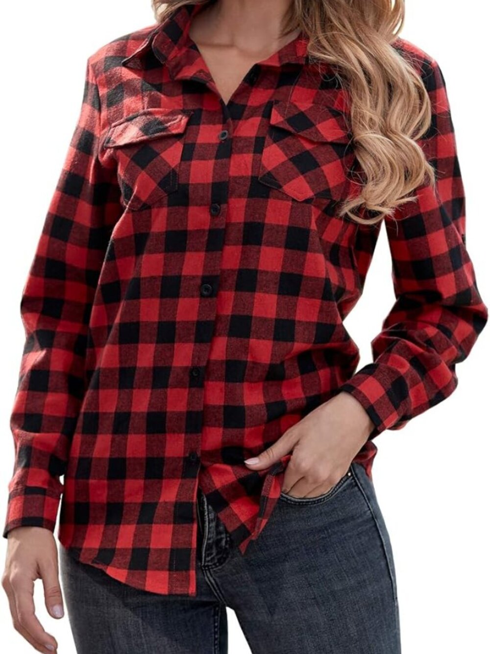 Oyamiki Red Black Buffalo Check Flannel Shirt Women's Medium